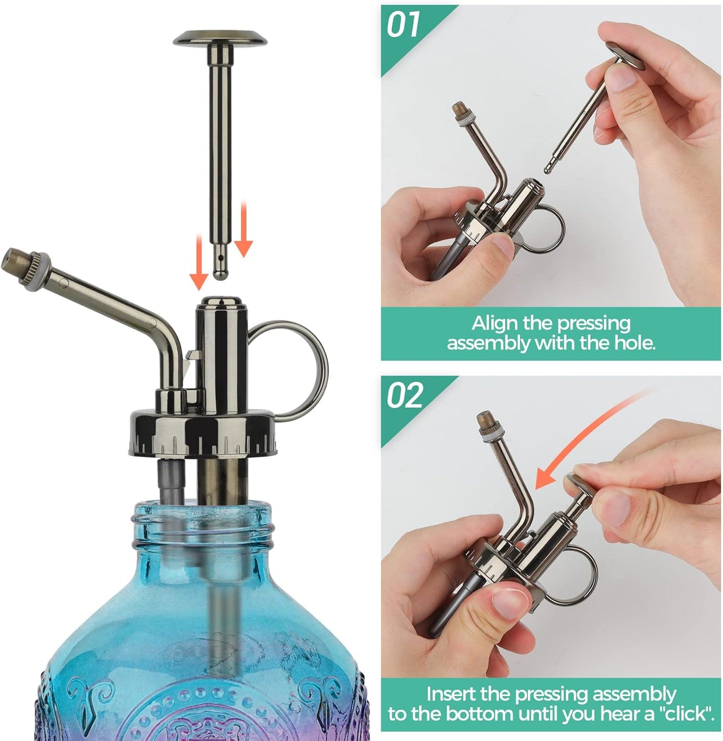 T4U Glass Plant Mister 200ML, Vintage Spray Bottle with Top Pump, Fine Mist Garden Flower Sprayer Small Decorative Spritzer Watering Can Gift for Indoor Outdoor Succulent House Plant (Gradient Color)