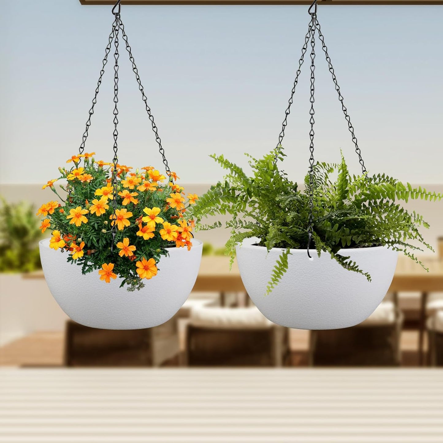 8 inch Small Hanging Planters for Indoor Outdoor Plants, 2 Pack Hanging Flower Pots with Drainage Holes and Chain for Garden Porch, Plastic Hanging Baskets for House Plants, White