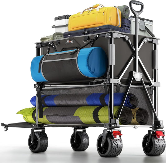 Overmont 400L Foldable Double Decker Wagon - Large Capacity Collapsible Wagon Cart- 47" Extra Long Extender - All-Terrain Big Wheels for Camping, Football Game, Sports Events, Support Up to 450lbs