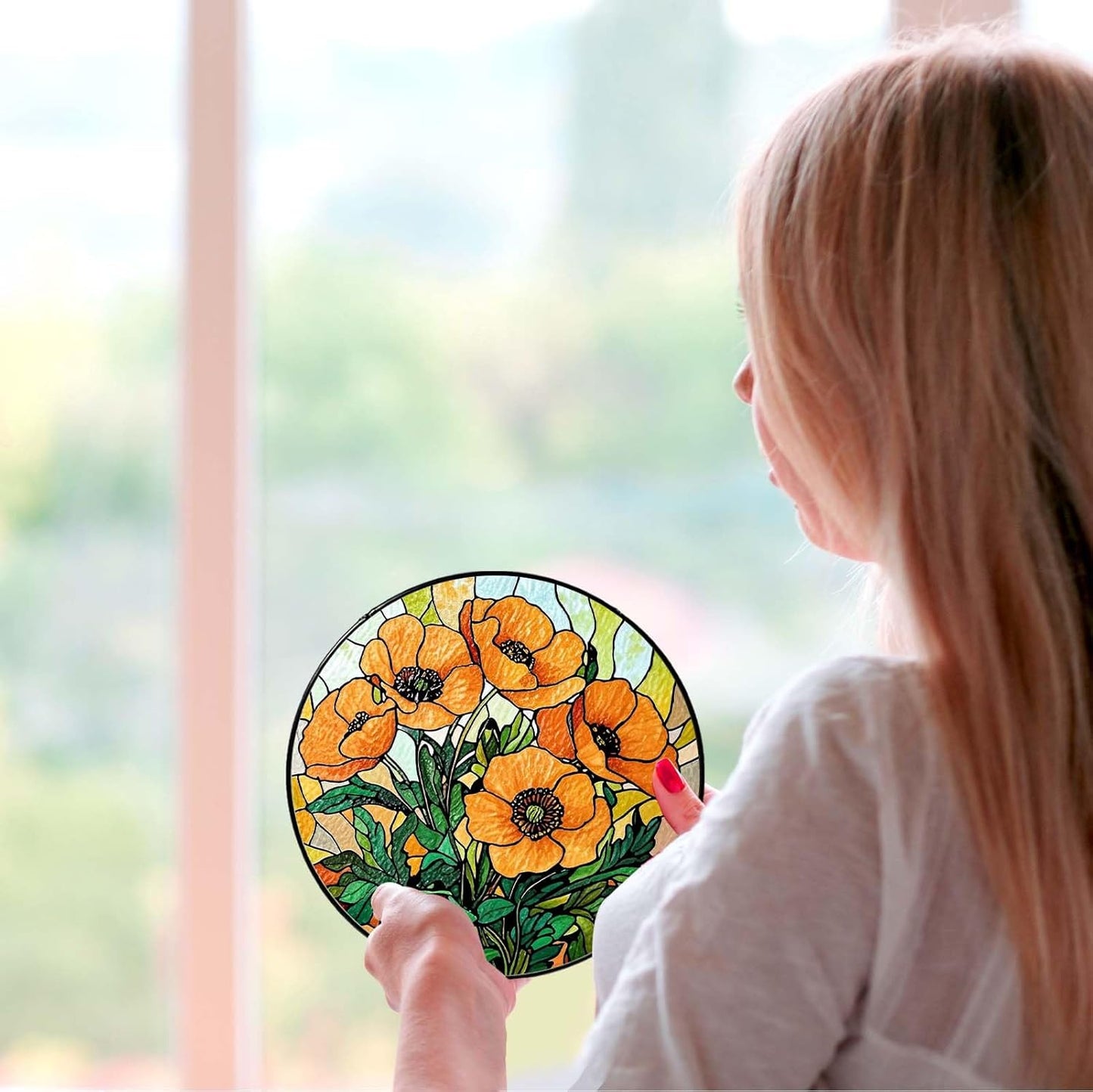 California Poppy Forest Sun Catcher Stained Glass Window Hanging Flower Lover Gifts for Women Poppy Wall Decor Handmade Sun Catcher Decoration for Home Garden Housewarming Gifts