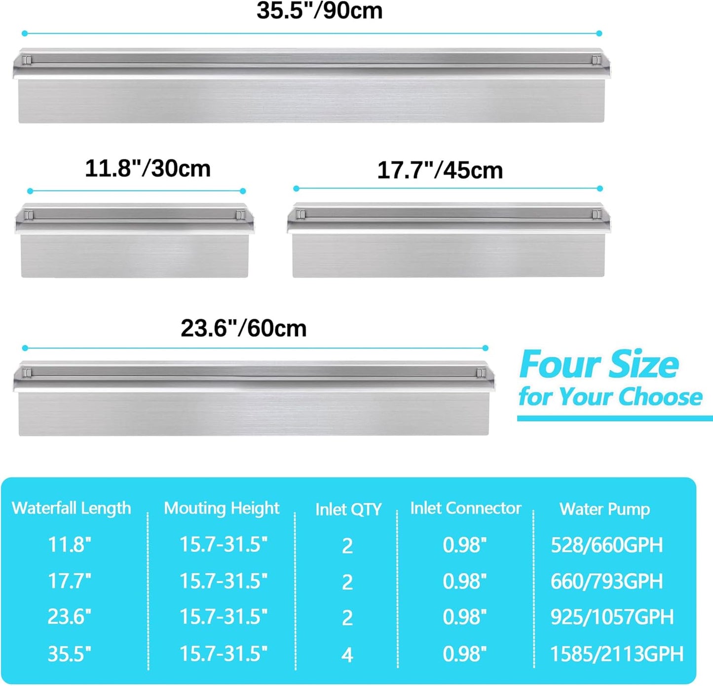 Waterfall Spillway Fountain 304 Stainless Steel Water Pool Fountain with Wider Water Flow Platform,Pool Waterfall for Outdoor Garden and Patio Decorations(35.5 Inch)