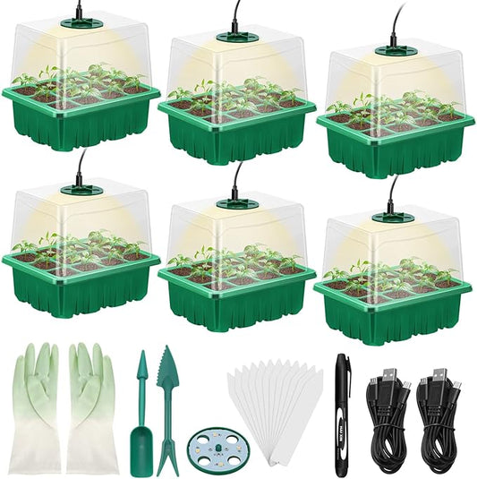 Lunies 6 Packs Seed Starter Tray with Grow Light, Indoor Greenhouse Seeding Starter Trays for Planting, Base Gardening Plant Germination Kit, Seed Starter Kit with Humidity Domes, (12 Cells per Tray)