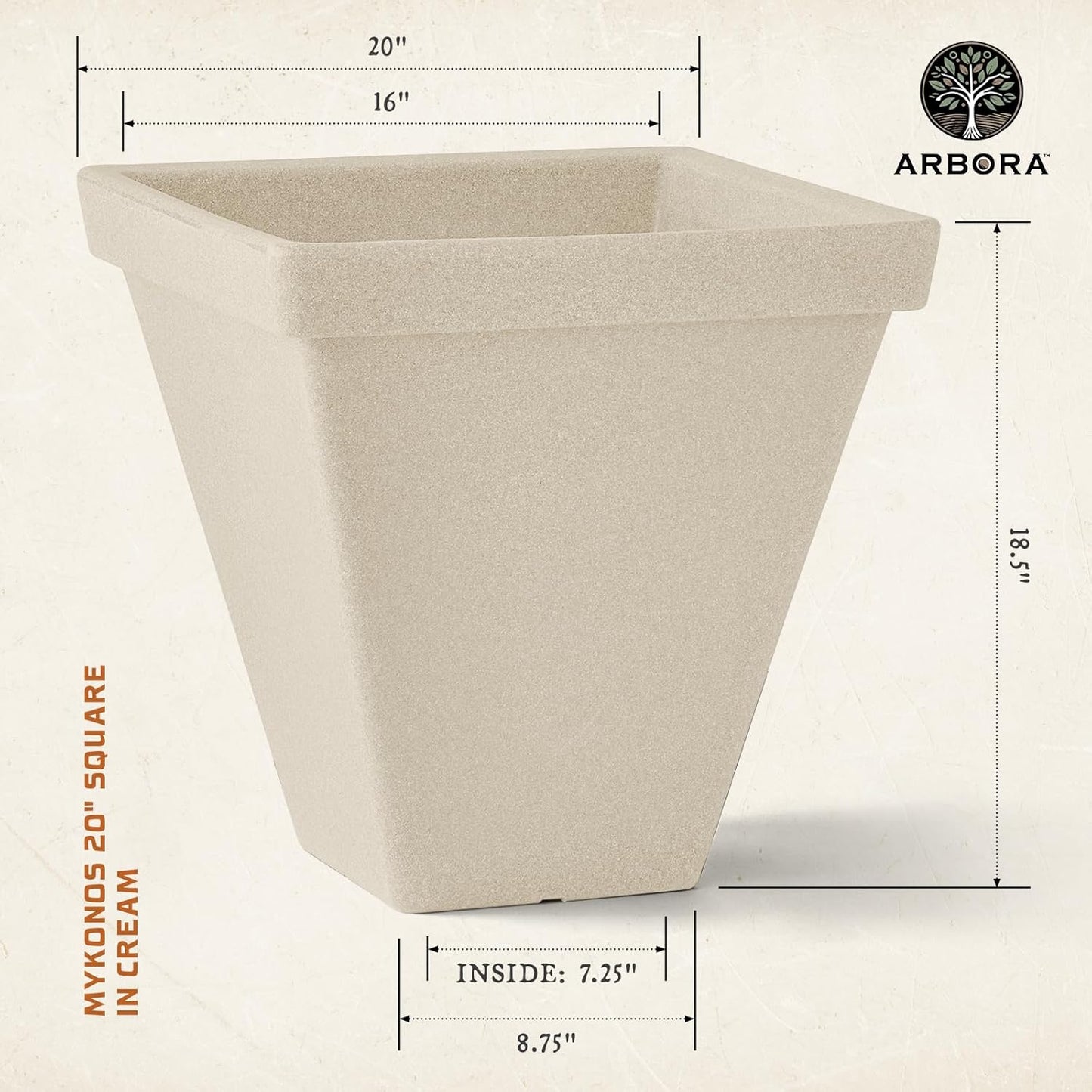 ARBORA 20" Mykonos Square Polyresin Indoor and Outdoor Planter with Classic Cream Finish - Durable, Weatherproof, Lightweight, Large Plant Pot for Patio, Garden, Deck, Entryway