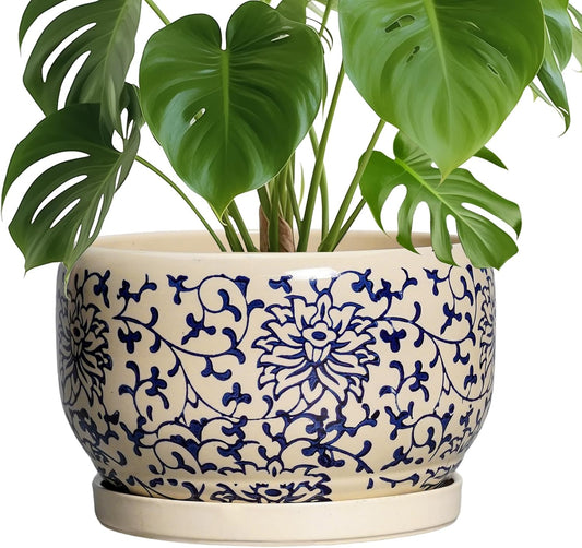 SQOWL 10 Inch Plant Pot Indoor - Ceramic Planter with Drainage Hole and Tray, Large Ceramic Flower Pots Outdoor, Porcelain Decorative Round Planter, Room Decor, Gifts for Plant Lovers, Blue and Beige