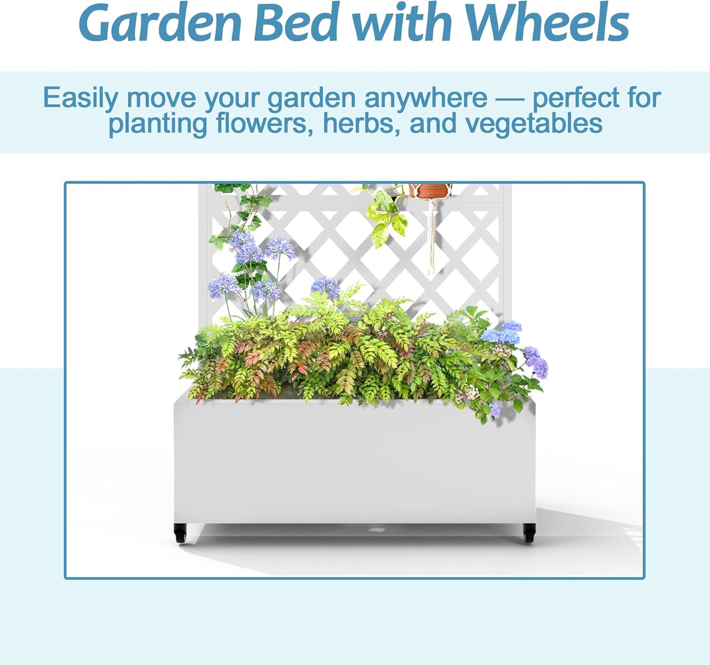 Metal Planter Box with Trellis & Wheels, Raised Garden Bed with Privacy Screen, Outdoor Standing Flower Beds with Drainage Hole for Climbing Plants, Vine, 35.4" L x 15.7" W x 70.9" H, White