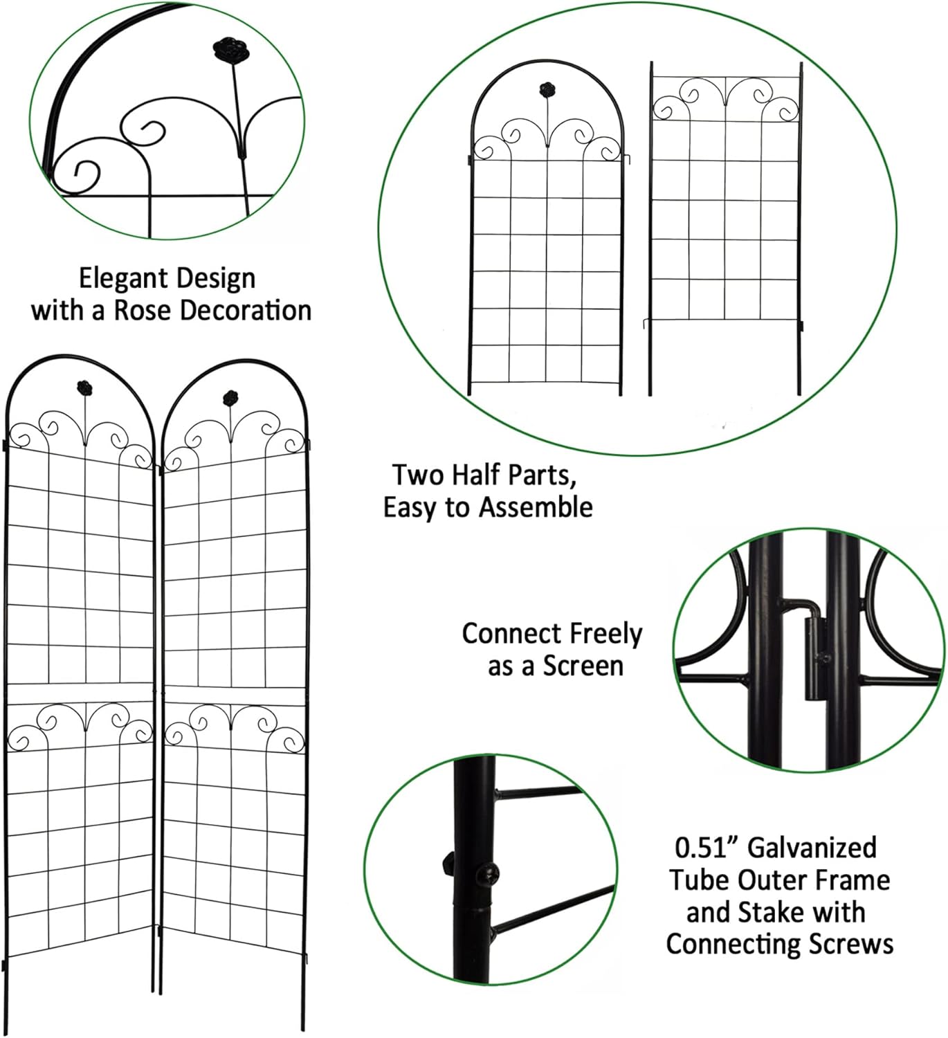 8 Pack Metal Garden Trellis for Climbing Plants, 86.7" Tall Rustproof Outdoor Trellis Panel w/Curly Grass Design, Decorative Black Iron Plant Support for Vine, Rose, Flower, Garden Wall