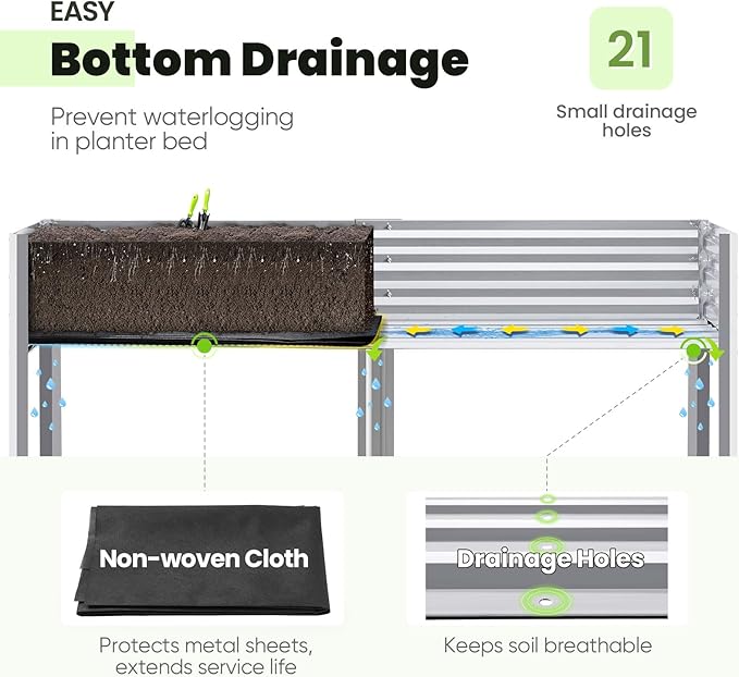 KING BIRD Raised Garden Bed with Legs Galvanized Large Elevated Planter Box for Backyard, Patio, Balcony, 600lb Capacity, Silver 70.9x22.8x31.5 in