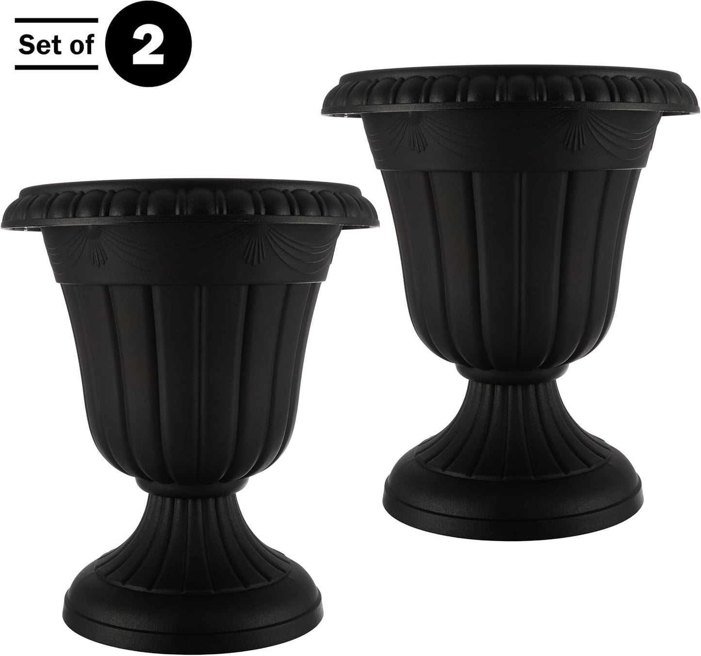 Pure Garden Outdoor Planter 2-Pack - 16x18-Inch Urn Planters - Plastic Plant Pots for Indoor, Outdoor, or Front Porch Decor - Flower Pots (Black)