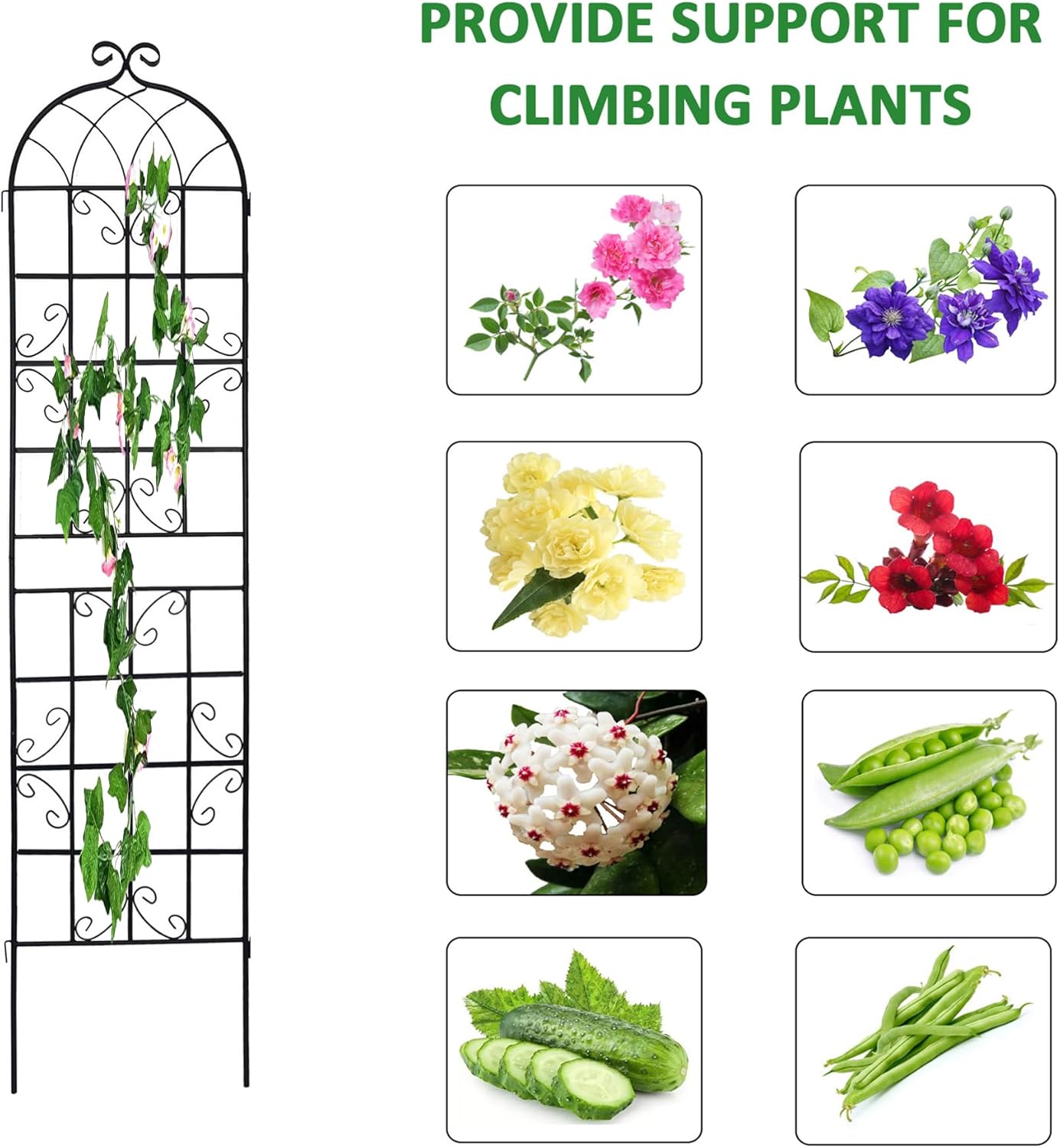 6 Pack Metal Garden Trellis for Climbing Plants, 86.7" Tall Rustproof Outdoor Trellis Panel with Vine Design, Decorative Black Iron Plant Support for Vine, Rose, Flower, Garden Wall