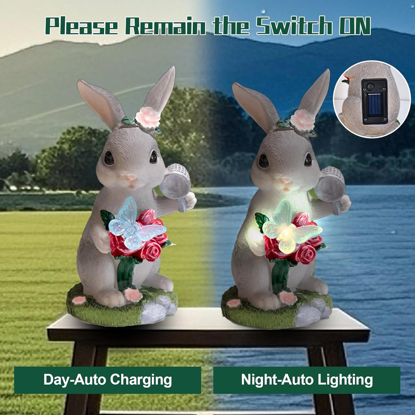 Garden Statues Rabbit with Solar Light,Bunny Outdoor Garden Decor Ornaments for Patio Yard Art,Birthday Easter House Warming Garden Gift for Women Mom,Resin Animal Figurine with Wider Base
