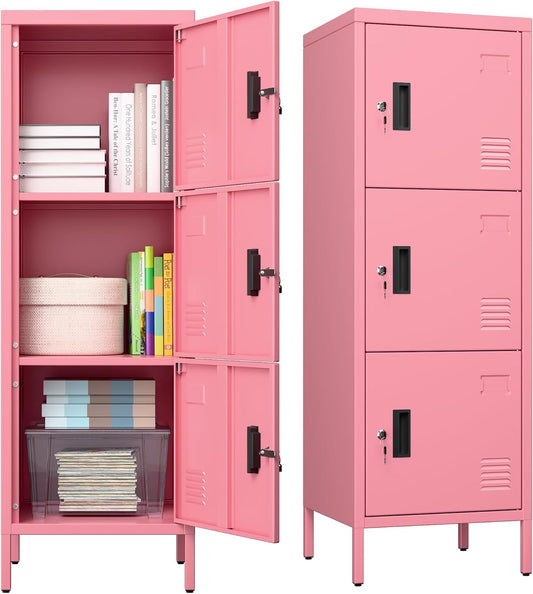 Metal Locker with Ventilation Holes, Metal Storage Cabinet with Lock and Card Slot for Home,School, Office, Garage,47.3" H x 15.8" W x 15.8" D,Assembly Required,Pink