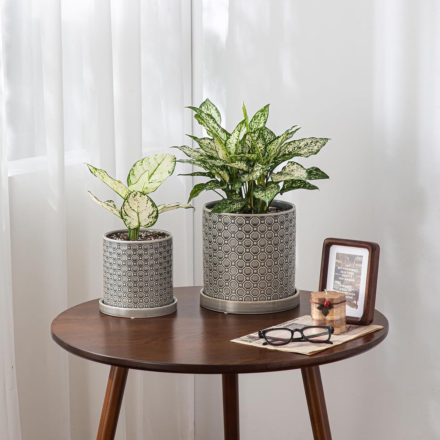 8 Inch Plant Pot: Ceramic Planter with Drainage Hole & Saucer Indoor Outdoor Plants - Cylinder Round Flower Pot for Home Office - Modern Decorative - Medium Grey