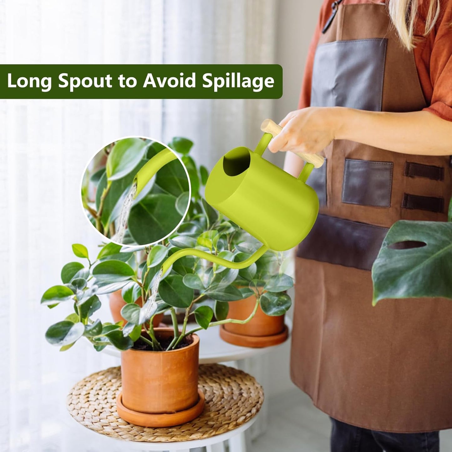 Watering Can Indoor Plants, 35oz Small Stainless Steel Metal Watering Can Modern Decorative Watering Pot with Long Spout for Indoor House Plant Bonsai Garden Flowers (Bright Green)