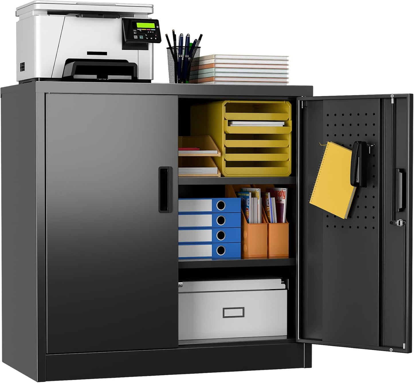 Metal Storage Cabinet, Garage Storage Cabinet with 2 Lockable Doors and 2 Adjustable Shelves, Steel File Cabinets with Lock and Pegboard for Home, School, Office, Garage, Black