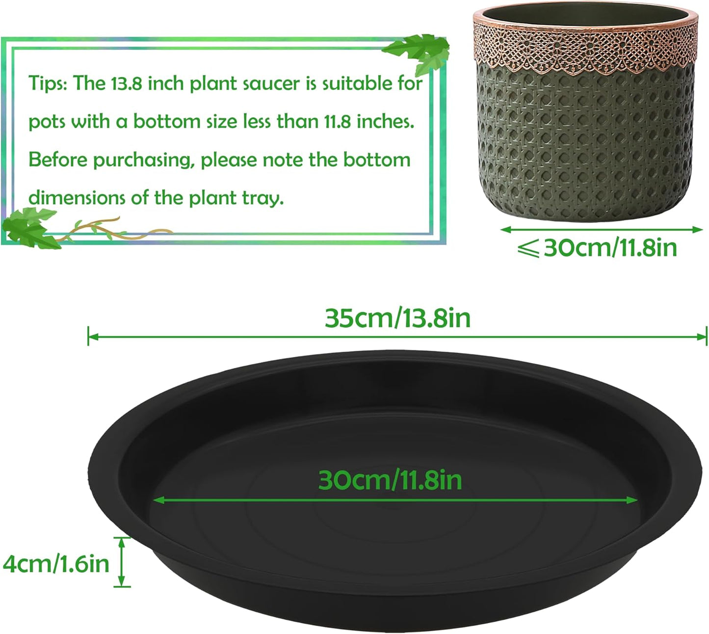 4 Pack 14 Inch Round Plant Saucers for Less 11.8 Inch Pot Indoors Outdoors Plant Trays for Pots Planter Saucer Plastic Plant Drip Tray Planter Water Tray for Potted Plants(Black, 13.8"(4pcs))