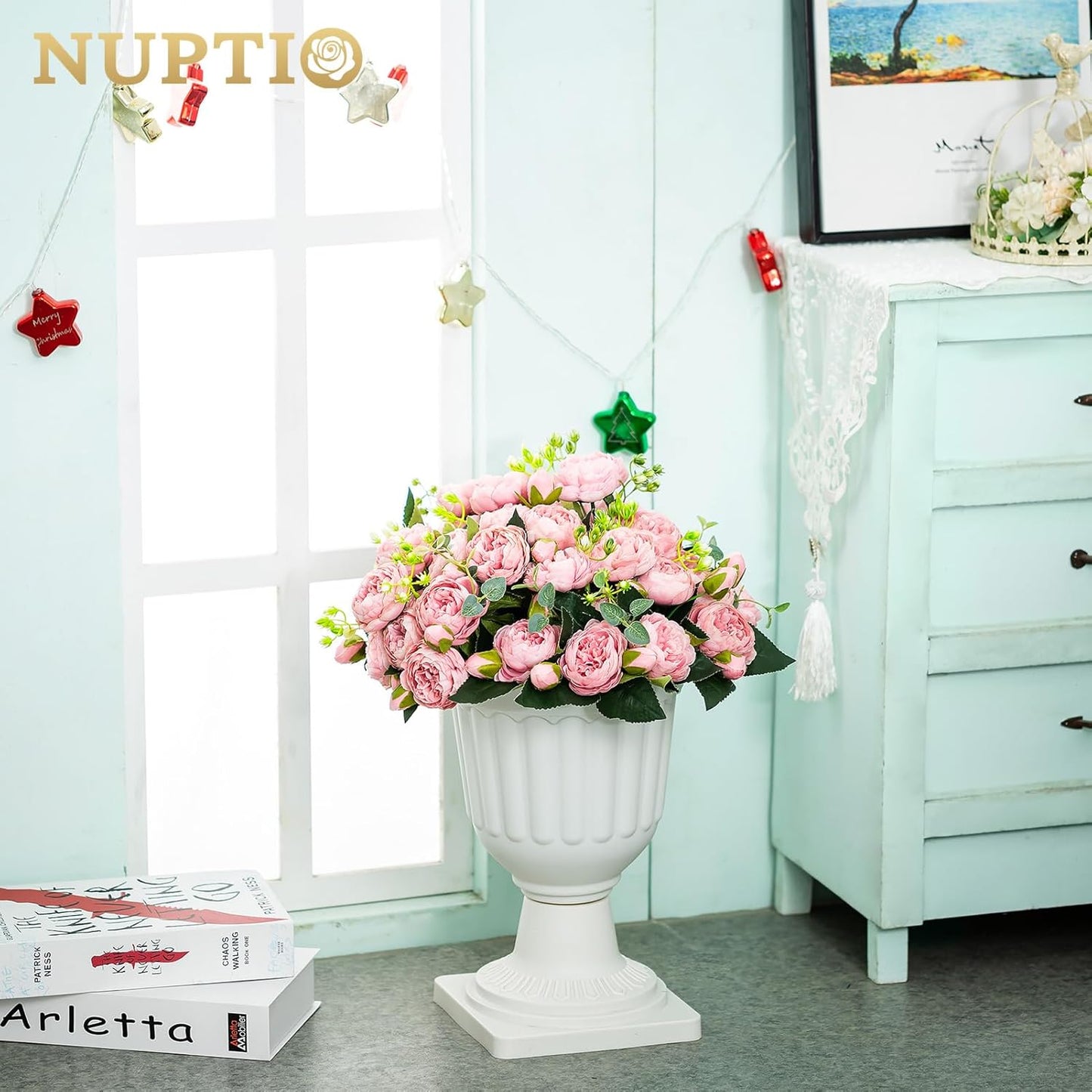 NUPTIO 2 Pcs Classic Urn Planter, 13.98 inch Plastic Outdoor Urn, Tall Pedestal Plastic Planter, Flower Pot for Garden Front Porch Door