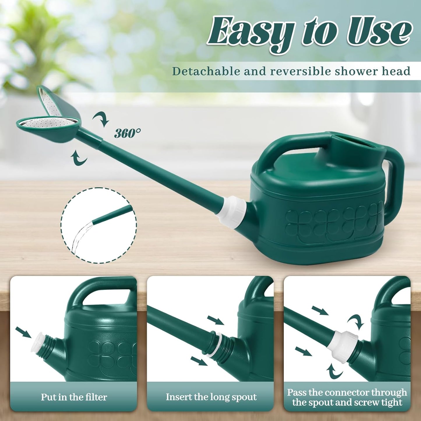 Watering Can for Indoor & Outdoor Plants, Plant Watering Can with Stainless Steel Shower Head, 1 Gallon Plastic Water Can for Garden, Flowers, Vegetable, Greenhouse (AlpineGreen)