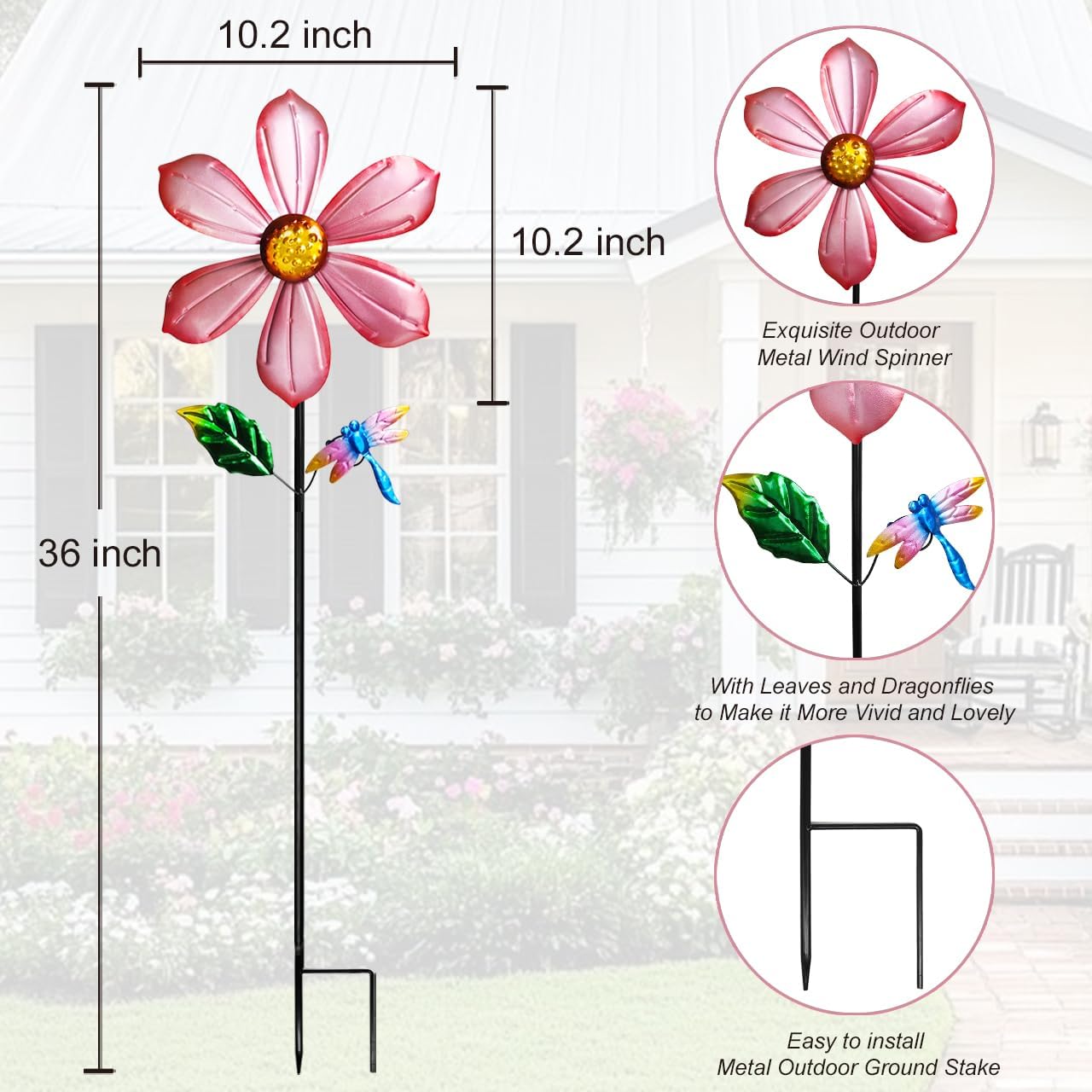 Metal Outdoor Flower Wind Spinner with Pink Floral & Gold Dragonfly, Decorative Kinetic Wind Sculpture for Yard, Garden, Patio, Lawn - Vibran Garden Art & Lawn Ornament for Outdoor Decor