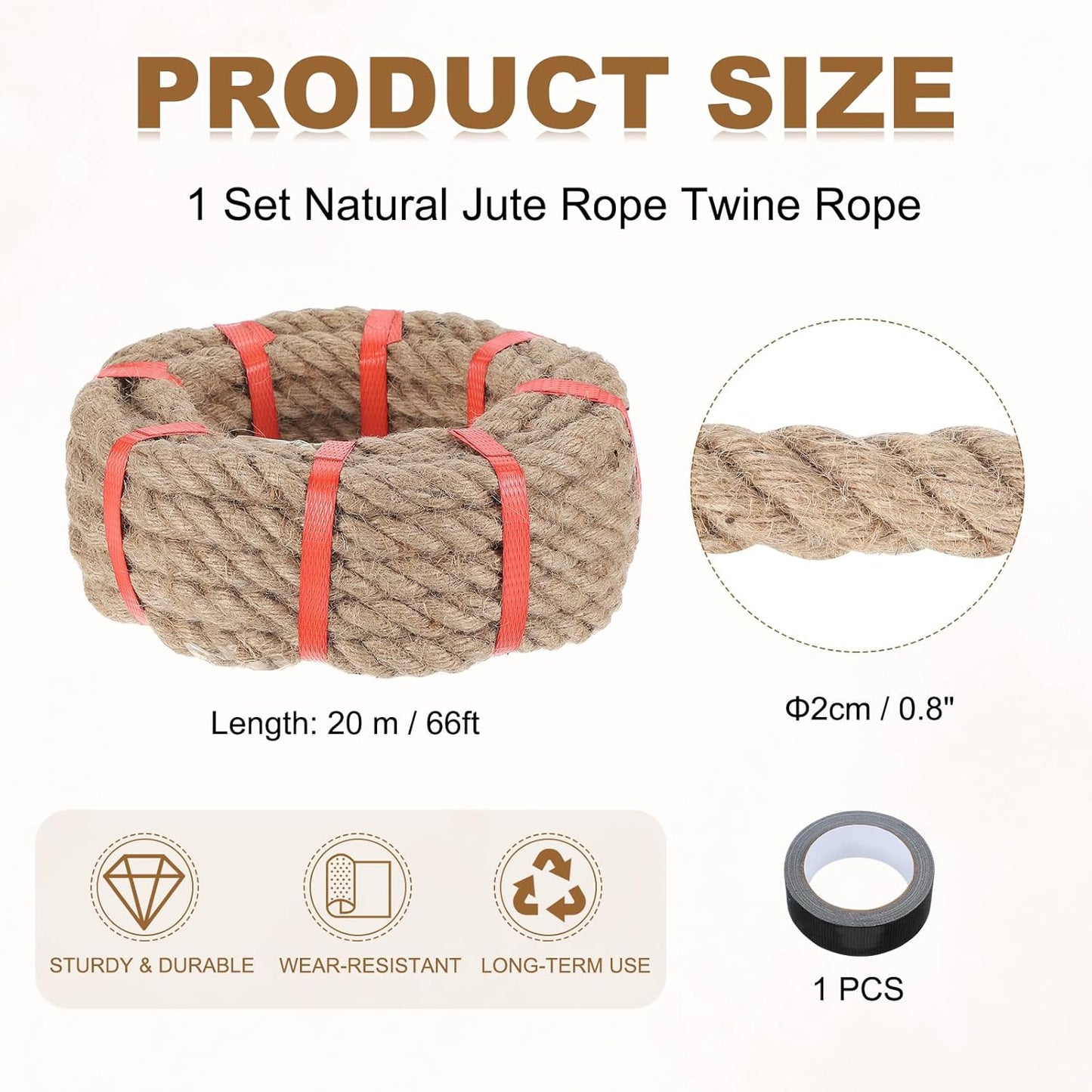 MECCANIXITY Jute Rope 0.8 Inch x 66ft, Thick Twine Rope Ropes Braided Jute Twine Natural Brown Burlap Cord String Heavy Twisted with Tape for Decorative Crafts Railing Swing Tug of War