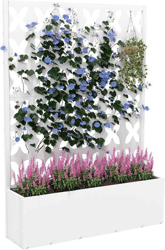 Metal Planter Box with Trellis,70.9"x47.2"x15.7" Raised Garden Bed with Drainage Holes, Privacy Planters for Outdoor Garden Bed for Climbing Plants,Vegetables,and Vines, White-X