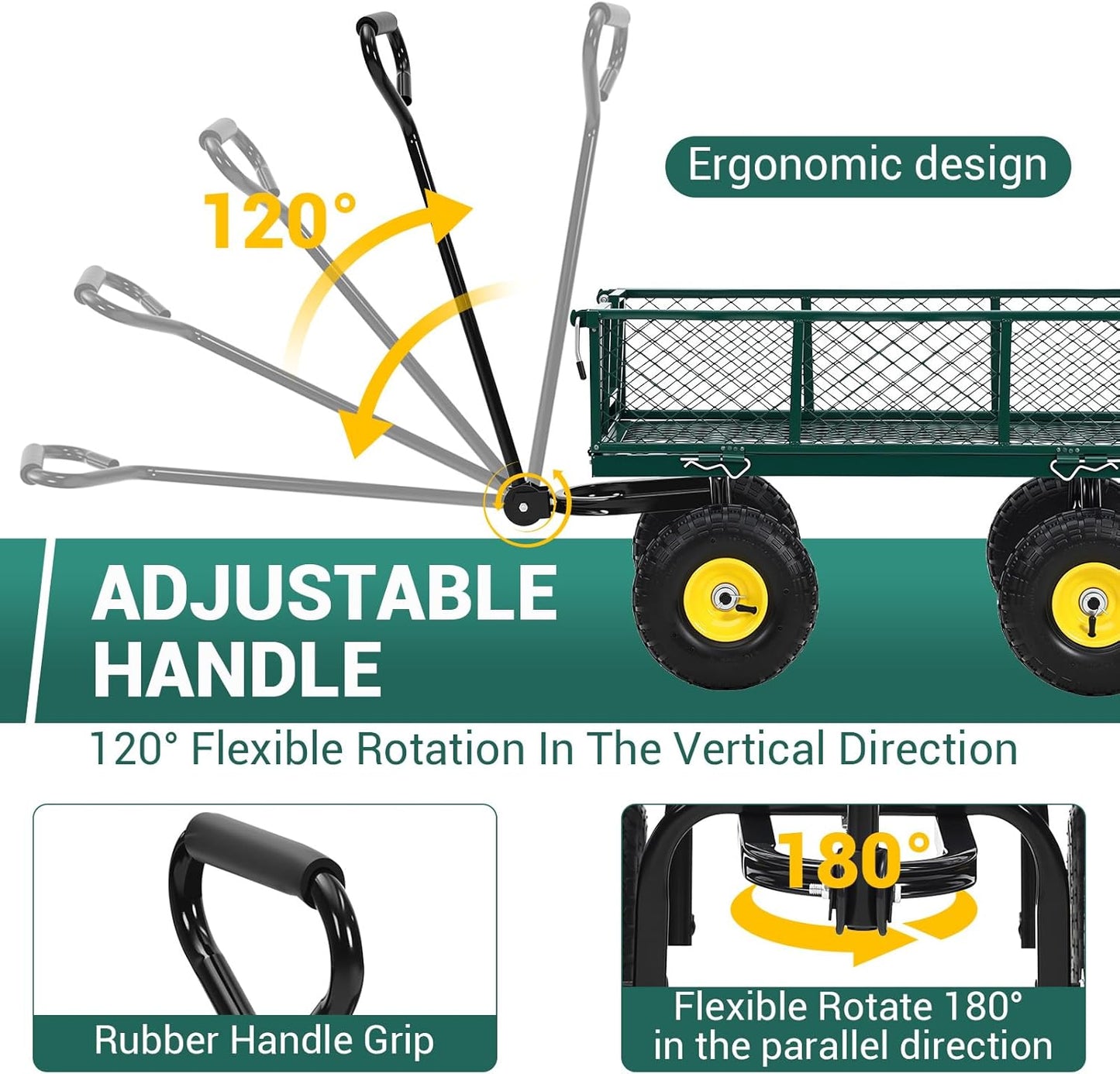 Steel Garden Cart on Wheels, 880LBS Pullable Metal Garden Wagon, 180° Rotating Handle and Removable Sides for Outdoor, Farm, Yard, Beach