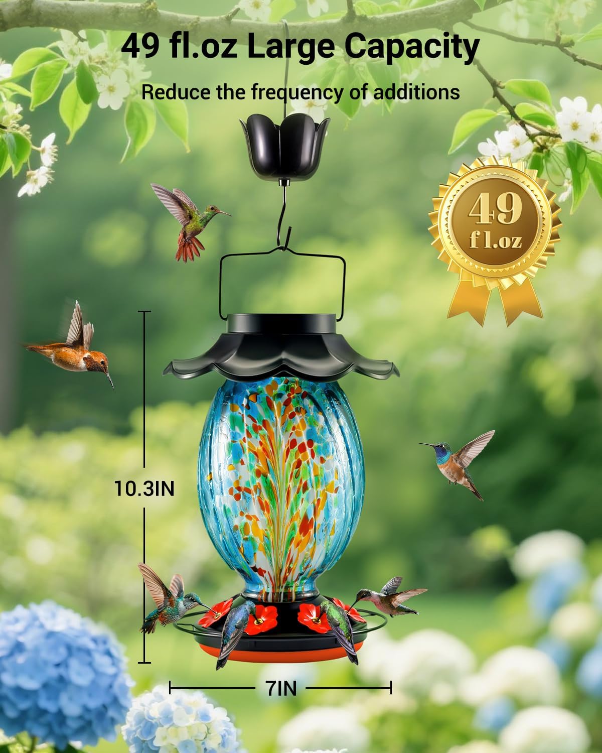 Solar Hummingbird Feeder - 49 fl.oz Hand Blown Glass Color Changing - 7 Feeding Ports with Perch - Never Leak - Perfect Hummingbird Feeder for Outdoors Hanging (Blue)