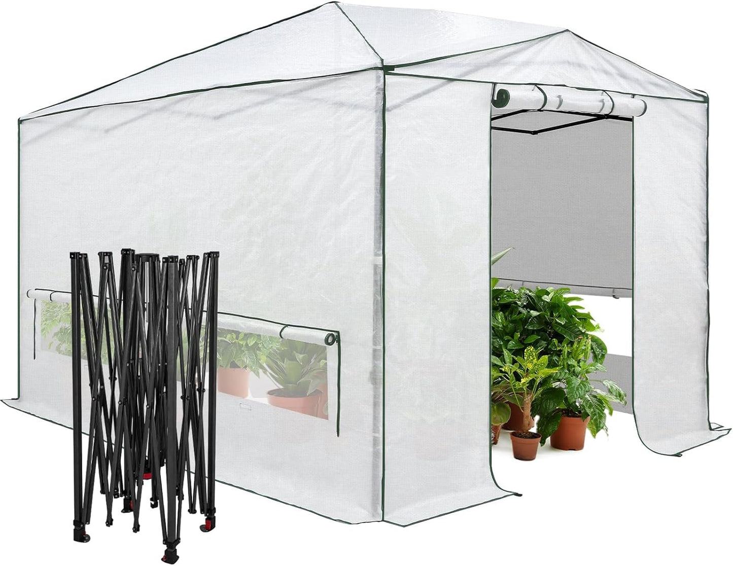 EAGLE PEAK Instant Pop-up Greenhouse, Indoor Outdoor Plant Gardening Green House, Roll-Up Zipper Doors and Side Windows, Heavy Duty Walk in 12x8 ft, Woven PE Cover, White