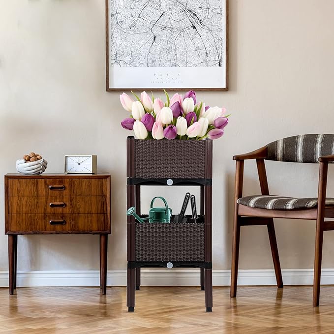 MAYOLIAH Raised Garden Bed with Drainage Elevated Planter Box Plastic Raised Beds for Gardening Vegetables Herb Flowers, Perfect for Indoor Outdoor Planting, 2 Boxes Brown