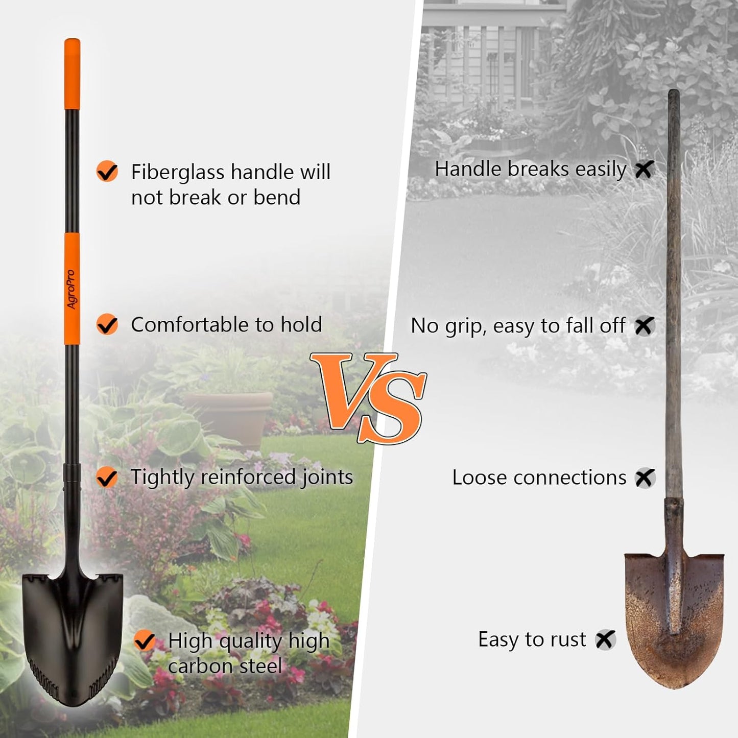 Shovel for Digging, Metal Shovel with Long Fiberglass Handle, Heavy Duty Shovel for Digging, 58 Inches