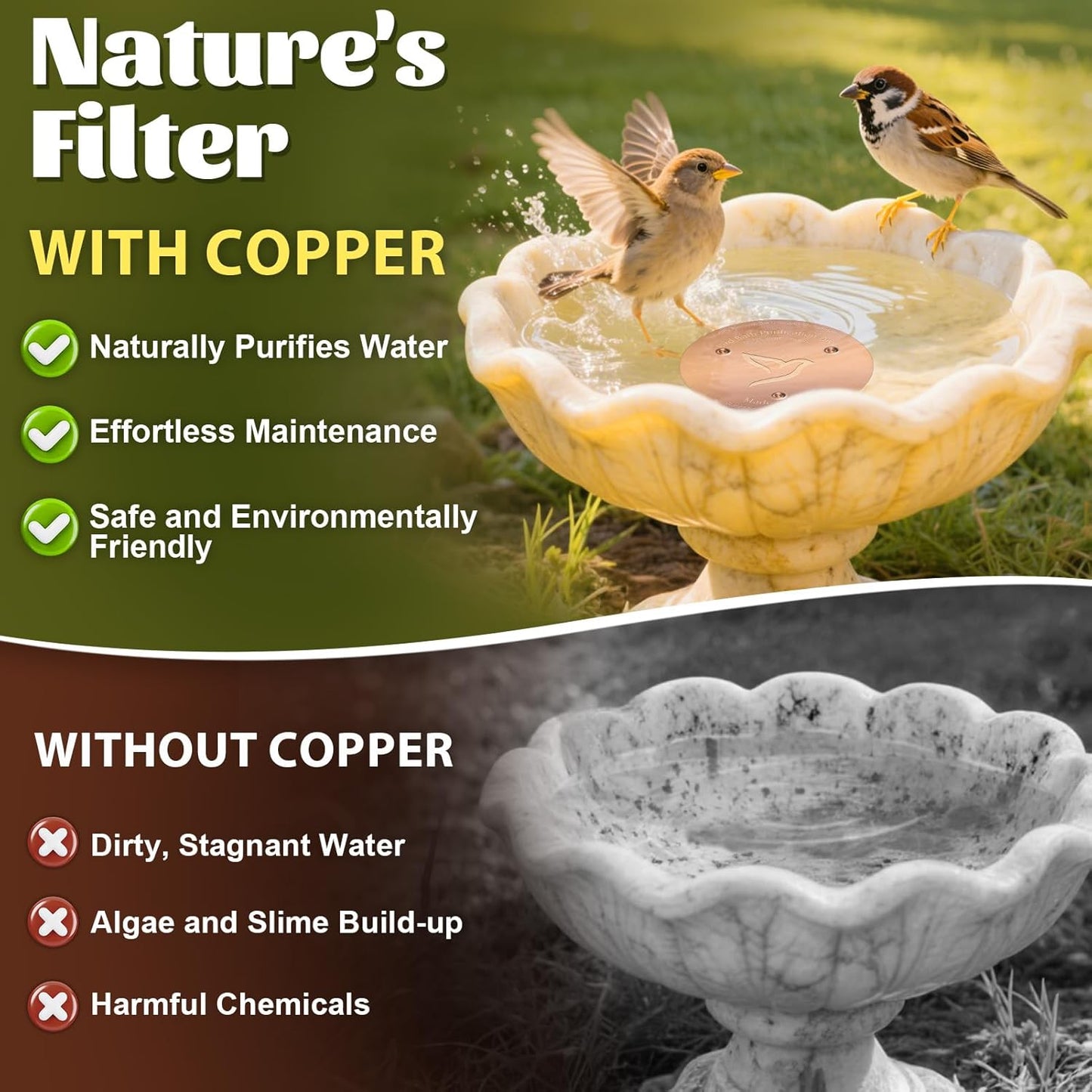 3PCS Bird Bath Copper Disk,1mm Thick Reinforced 99.99% Pure Copper Disc with Triple-Point Support,Bird Bath Accessories for Outside Birdbaths Bowls Physical Safe Water Cleaner for All-Season Use