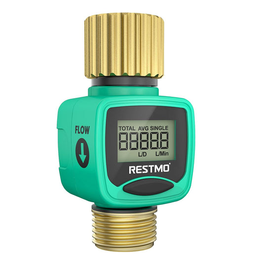 RESTMO Water Flow Meter with Brass Inlet & Outlet, Measure Gallon/Liter Consumption and Flow Rate for Outdoor Garden Hose Watering, RV Water Tank Filling, Lawn Sprinkler and Nozzle Sprayer