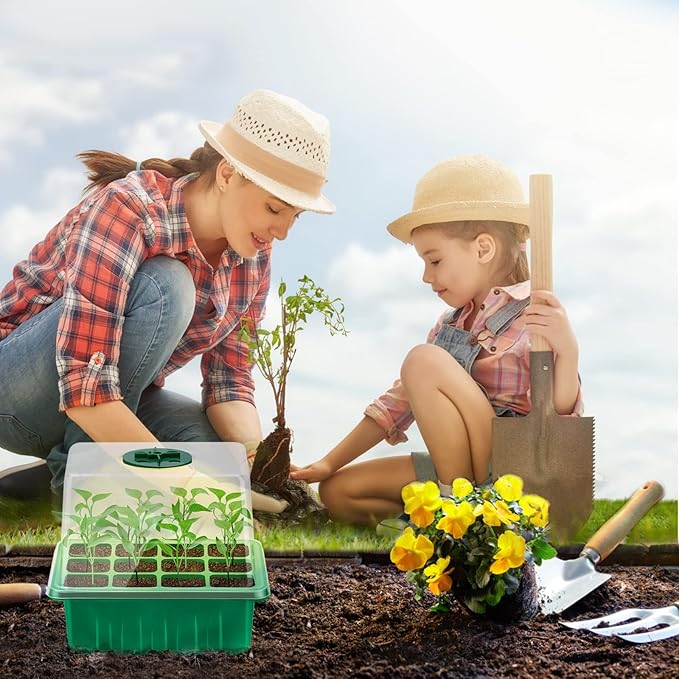 Lunies 6 Packs Seed Starter Tray with Grow Light, Indoor Greenhouse Seeding Starter Trays for Planting, Base Gardening Plant Germination Kit, Seed Starter Kit with Humidity Domes, (12 Cells per Tray)