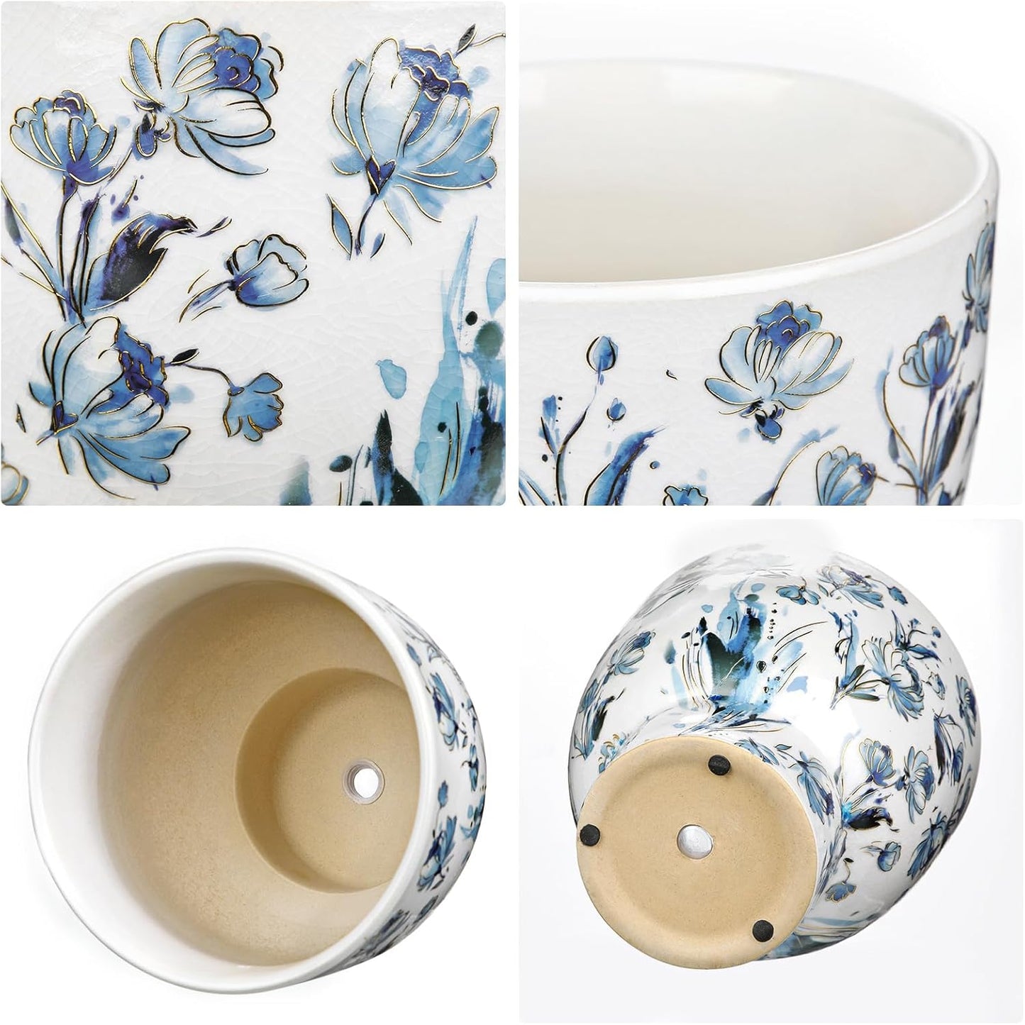 7.6/5.5 Inch Decorative Flower Pots, Blue and White Plant Pot Gold Accent Ceramic Planters for Indoor Plants Pots with Drainage Retro Planter Pot for Succulents Cactus Herb Snake Plants Outdoor Garden