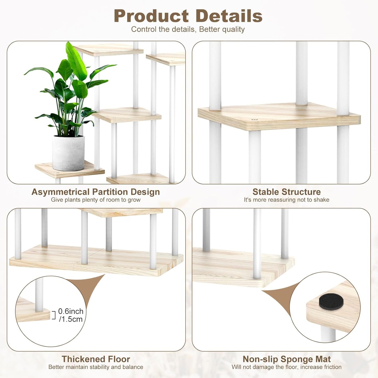 7 Tier Wood Tall Plant Stand Metal Rack Indoor, Multiple Flower Pot Holder Shelves Corner Rack, Planter Shelf Display Rack Storage Organizer for Patio Living Room Balcony Garden(White Oak)