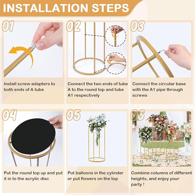 chamvis Gold Metal Plant Stand, 3 Pcs Tall Cylinder Pedestal Stands for Parties and Weddings, Gold Round Cylinder Tables for Living Room and Patio Decor