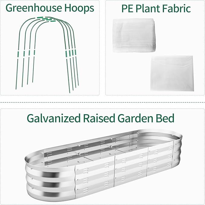 POTEY Raised Garden Bed with Greenhouse Galvanized Planter Box with 2 Greenhouse Cover for Outdoor Gardening Garden Box for Fruit, Vegetable, Flower, Herbs and Strawberry Plant
