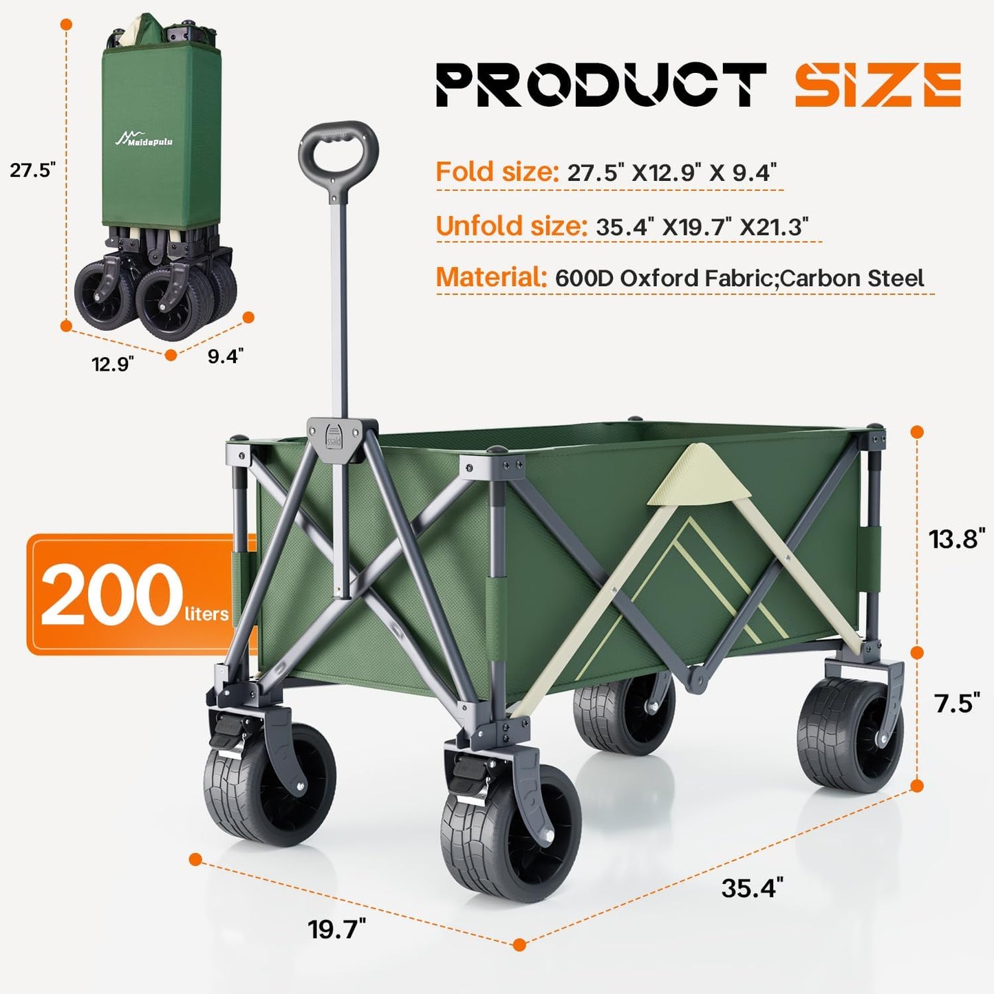 Wagons Carts Foldable, Wagon with Table Top,Beach Wagon with Big Wheels for Sand,Camping Sports Garden Beach Grocery（Green）