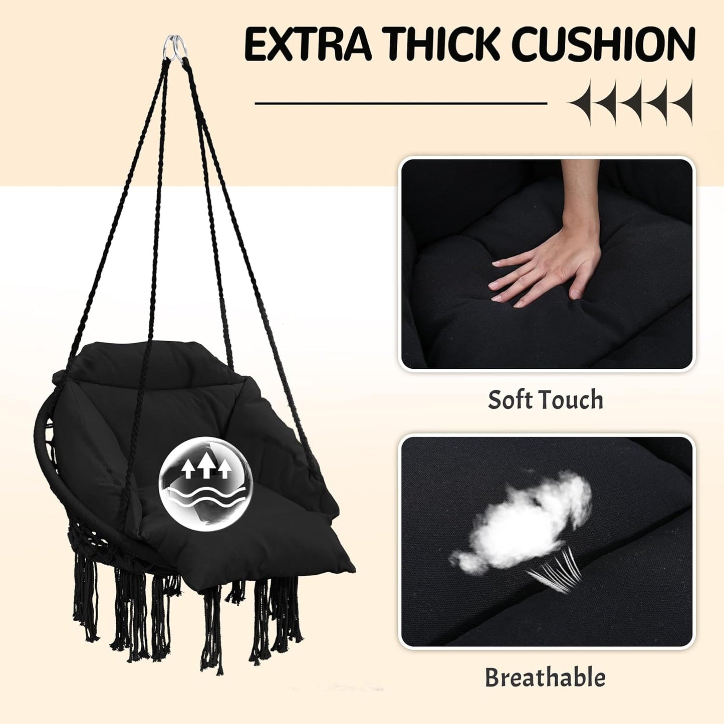 Macrame Hammock Hanging Swinging Chair with Oversized Cushion, Perfect for Bedroom, Porch, Kids, Adults, Balcony, Black