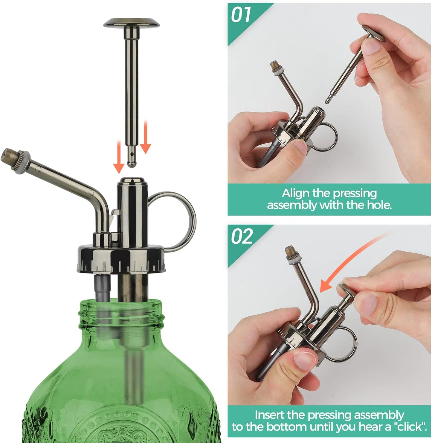 T4U Glass Plant Mister 200ML, Vintage Spray Bottle with Top Pump, Fine Mist Garden Flower Sprayer Small Decorative Spritzer Watering Can Gift for Indoor Outdoor Succulent House Plant (Green)