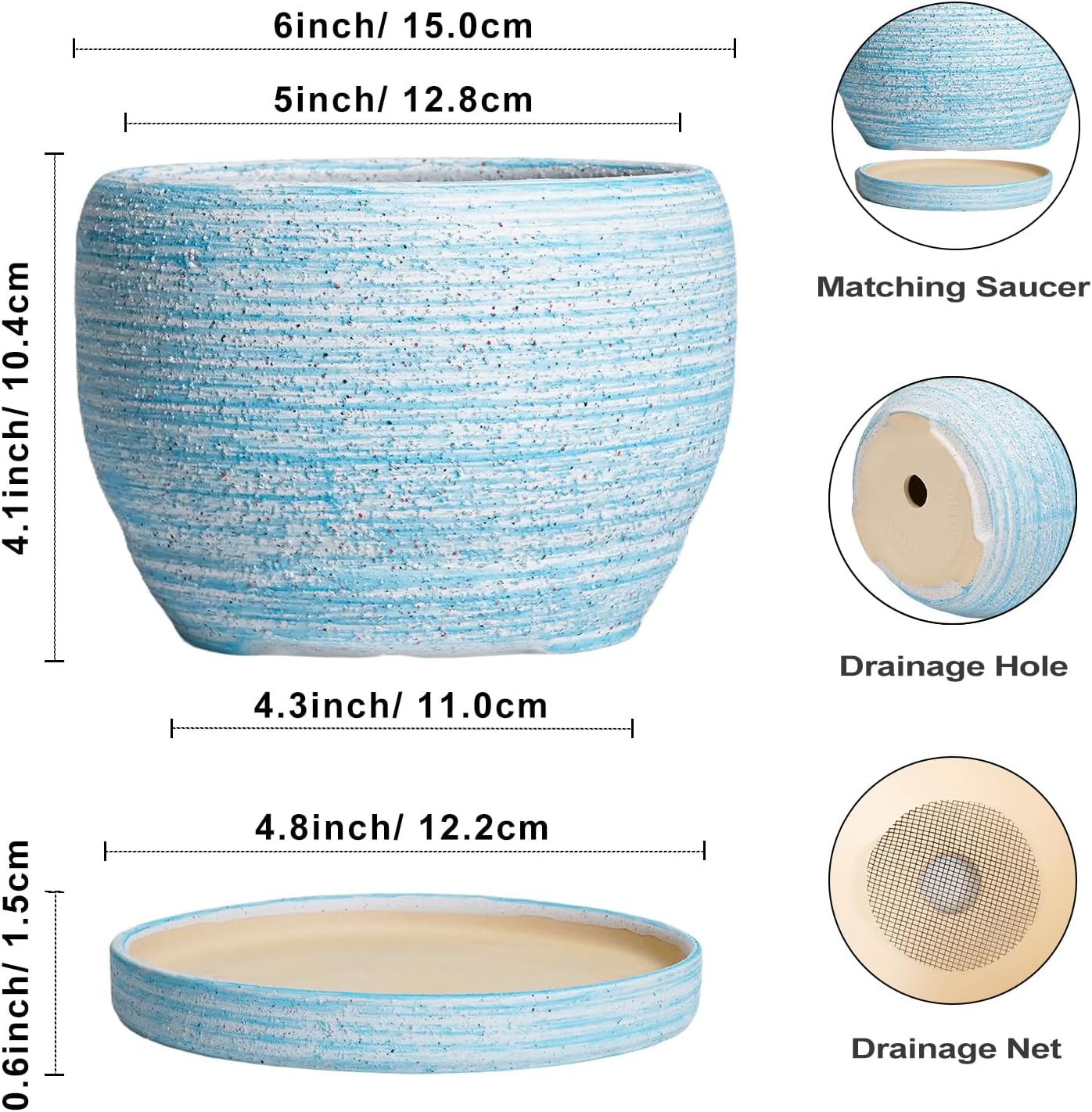 SQOWL Ceramic Planters for Indoor Plants - 6 Inch Plant Pot Indoor Outdoor, Decorative Flower Pot with Drainage Hole and Saucer, Round Succulent Planter, Home Apartment Decor, Garden Gifts, Blue