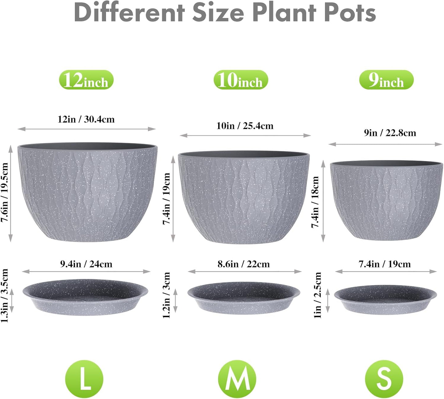 Large Flower Pots 12/10/9 inch, 3 Set Big Plant Pots for Outdoor Indoor Plants with Water Ripples, Wide Plastic Planters with Drainage Holes and Saucers for Garden House Plants, Speckled Grey