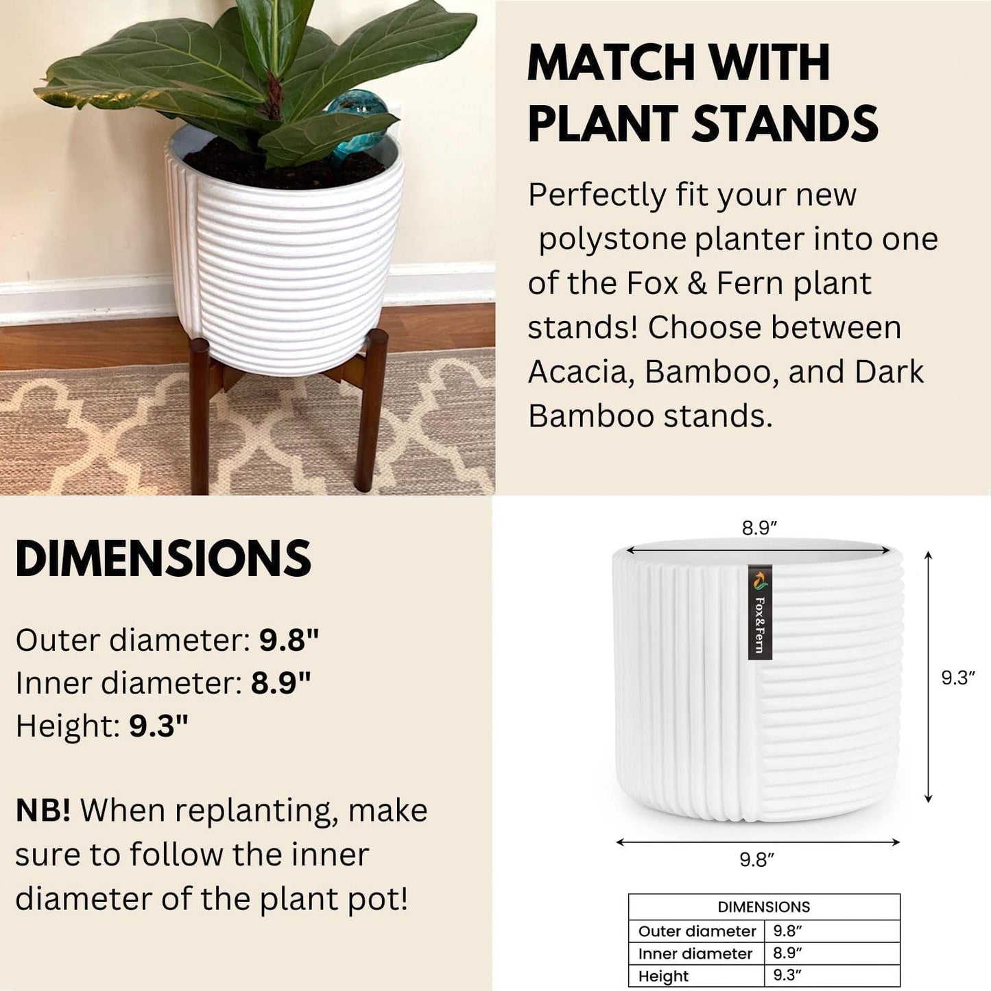 Fox & Fern 10 Inch Plant Pot with Drainage Plug — Premium Polystone White Plant Pot; Modern Planter with 3D Texture and Ceramic Finish; 10 Inch Pots for Plants Indoor & Outdoor