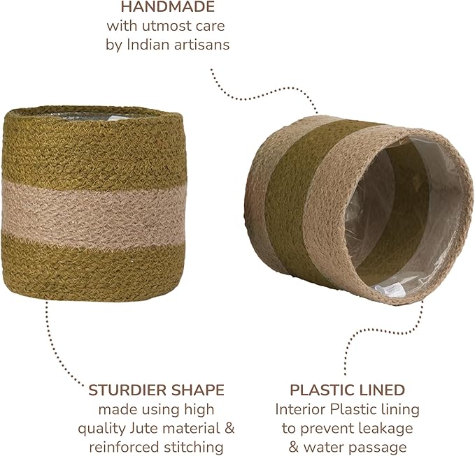Jute Planter Basket-Woven Jute Rope Covers for Decorating Indoor/Outdoor Succulents, Small Plant Pots-Set of 2-Multi-Purpose Storage Bins 4.5 Inches - Modern Style Décor - Olive & Natural
