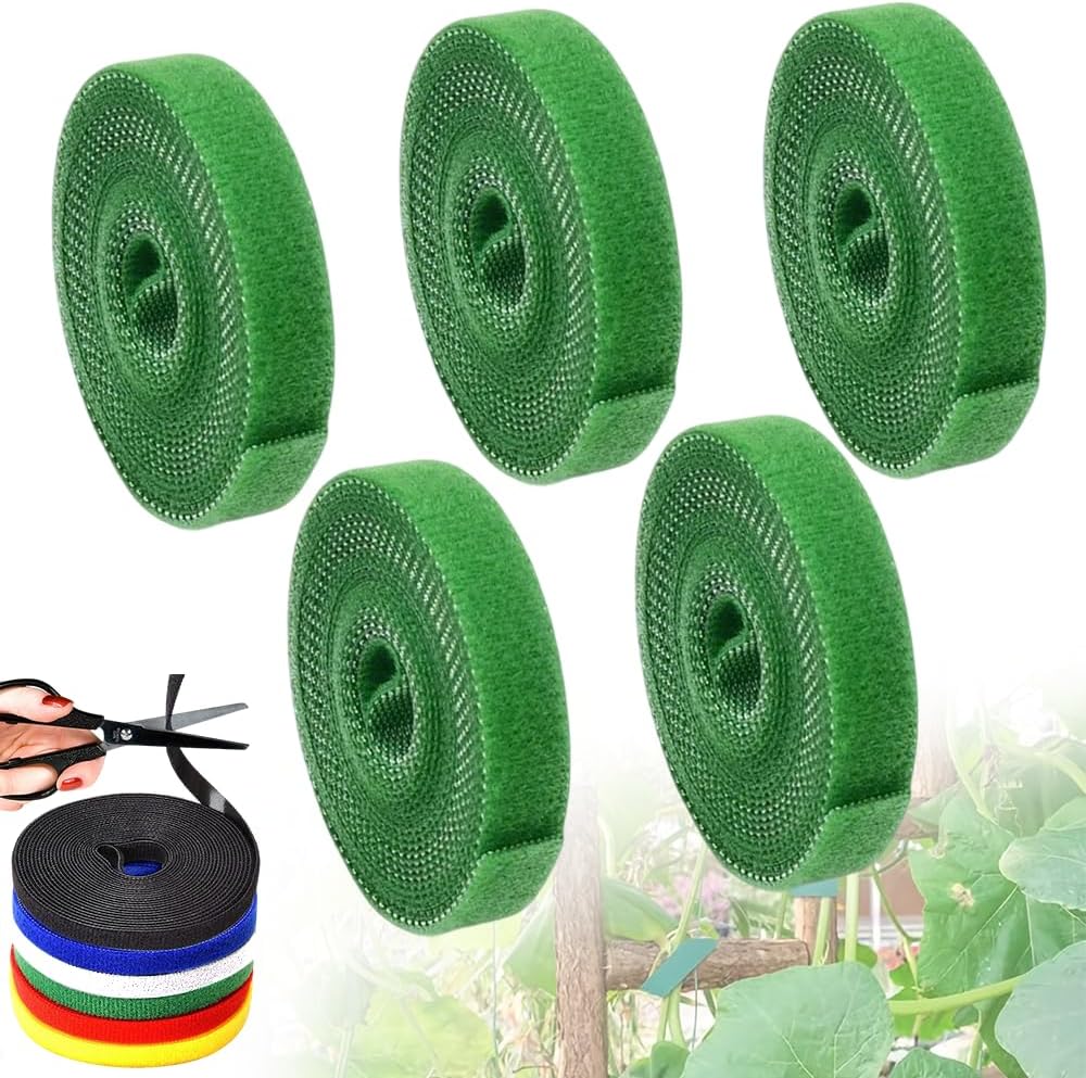 Reusable Plant Ties Tape for Climbing Plants, Garden Ties Tomato Plant Supports, Adjustable Garden Twine & Twist Ties Plant Ties for Outdoor Indoor Plants Stakes Gardening Supplies (Green, 5 Rolls)
