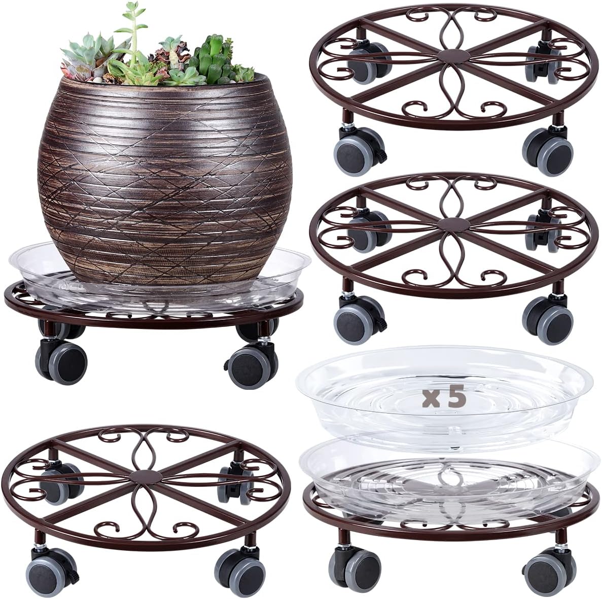 5 Pack Plant Caddy with Wheels Heavy Duty 13.5 Inches Metal Plant Stand with Wheels Plant Dolly Rolling Plant Stand Plant Roller with Casters for Indoor and Outdoor, Bronze