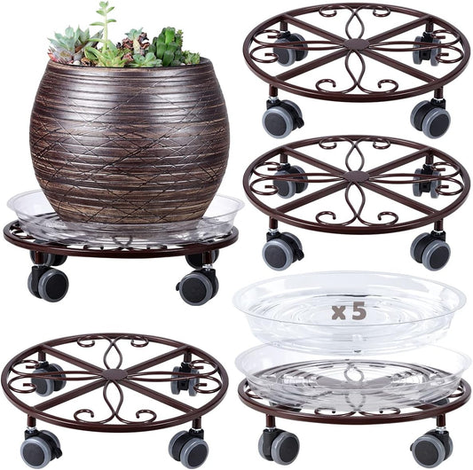 5 Pack Plant Caddy with Wheels Heavy Duty 13.5 Inches Metal Plant Stand with Wheels Plant Dolly Rolling Plant Stand Plant Roller with Casters for Indoor and Outdoor, Bronze