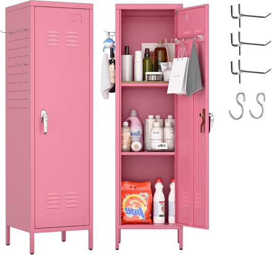 Metal Storage Locker with Pegboard and Hooks,Metal Locker for Employees with Handle and Hanging Rod for Gym, School, Office,Home,Garage,Assembly Required,Pink