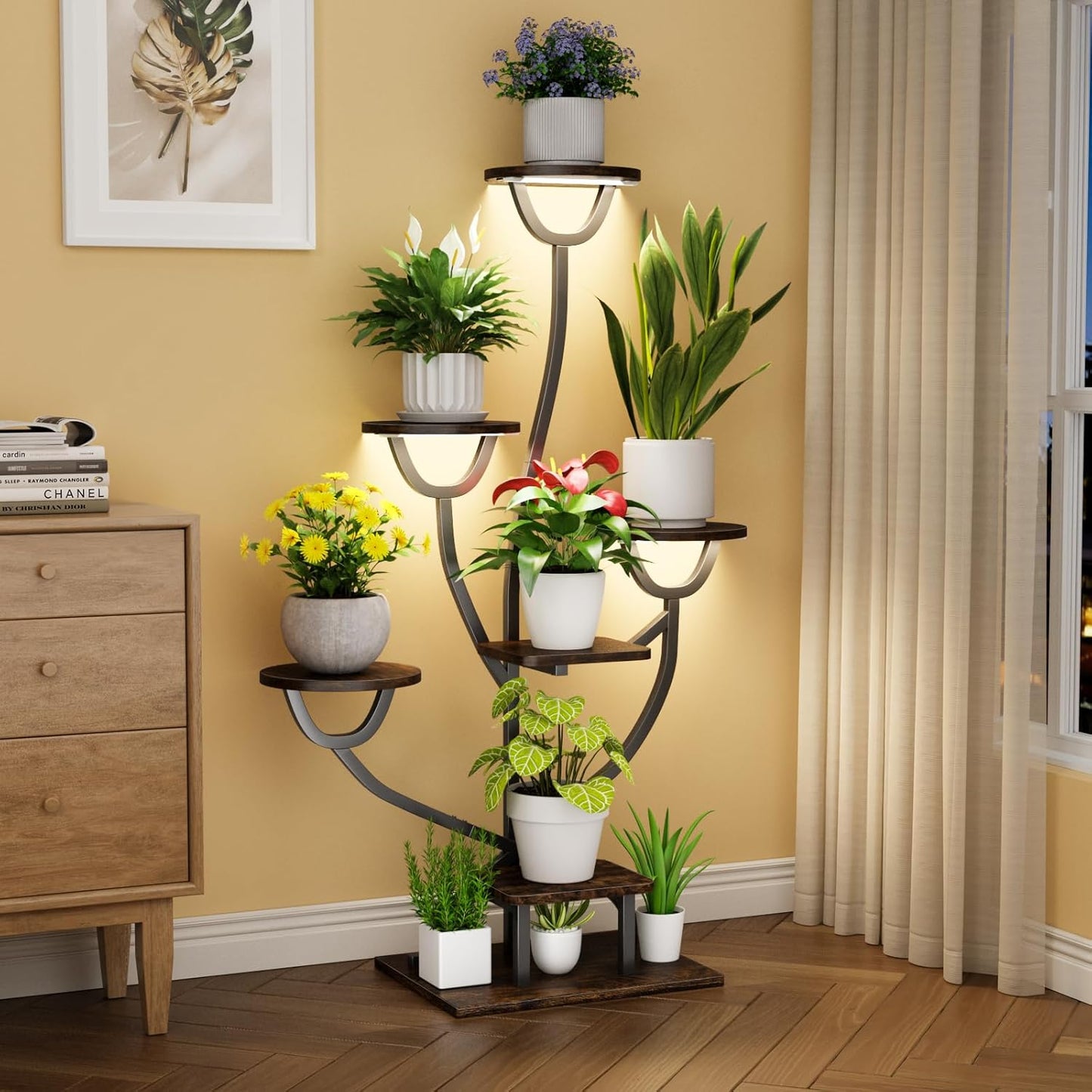 Plant Stand Indoor with Grow Lights - 44.2" Tall Plant Shelf, Lighted Corner Plant Stands for Indoor Growing, 7 Tiered Metal & Wood Plant Holder Display Shelves for Living Room, Patent Design - C4