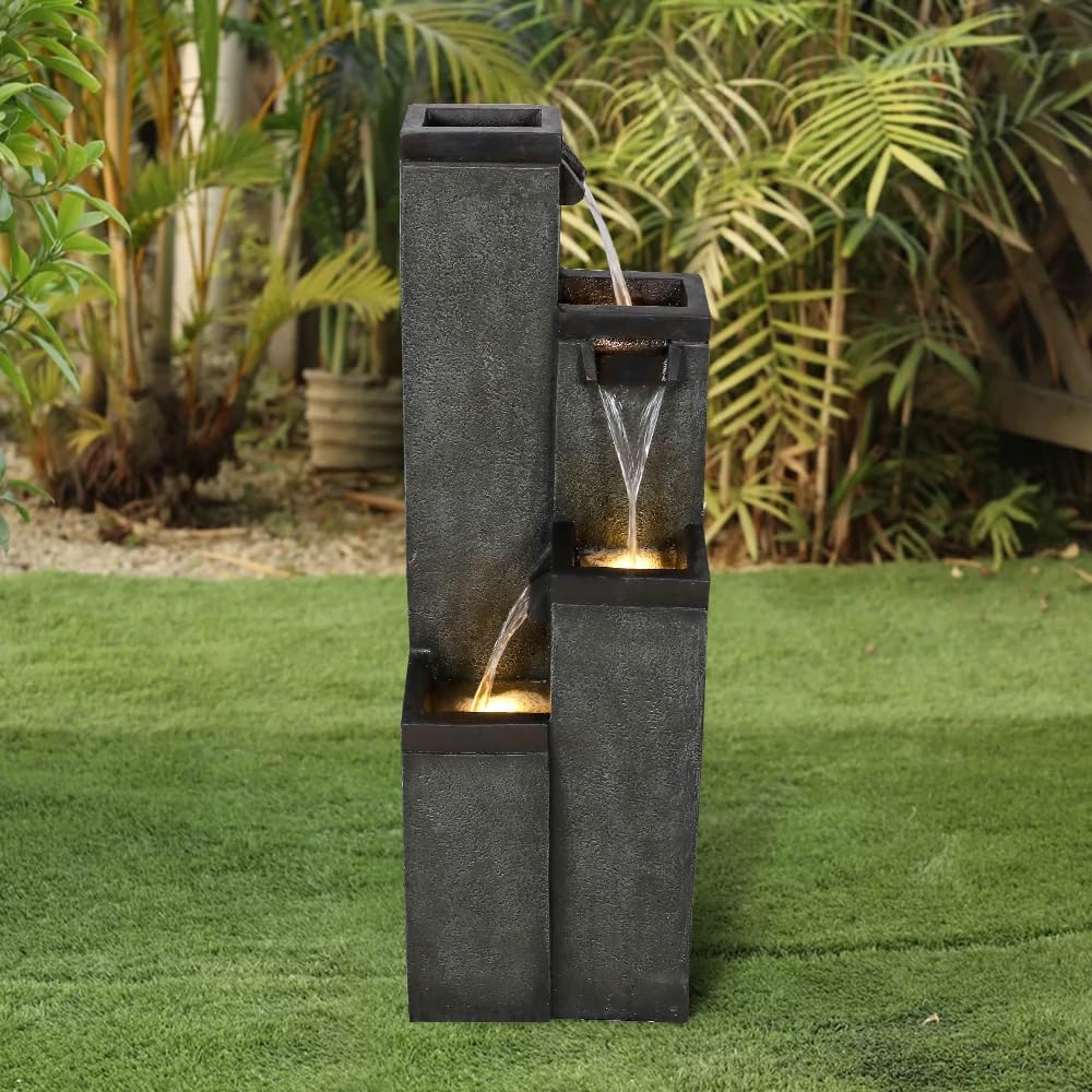 Modern Floor-Standing Water Fountain 39.3” High, Indoor Outdoor Water Fountain with Lights for Home, Garden, Patio Decor
