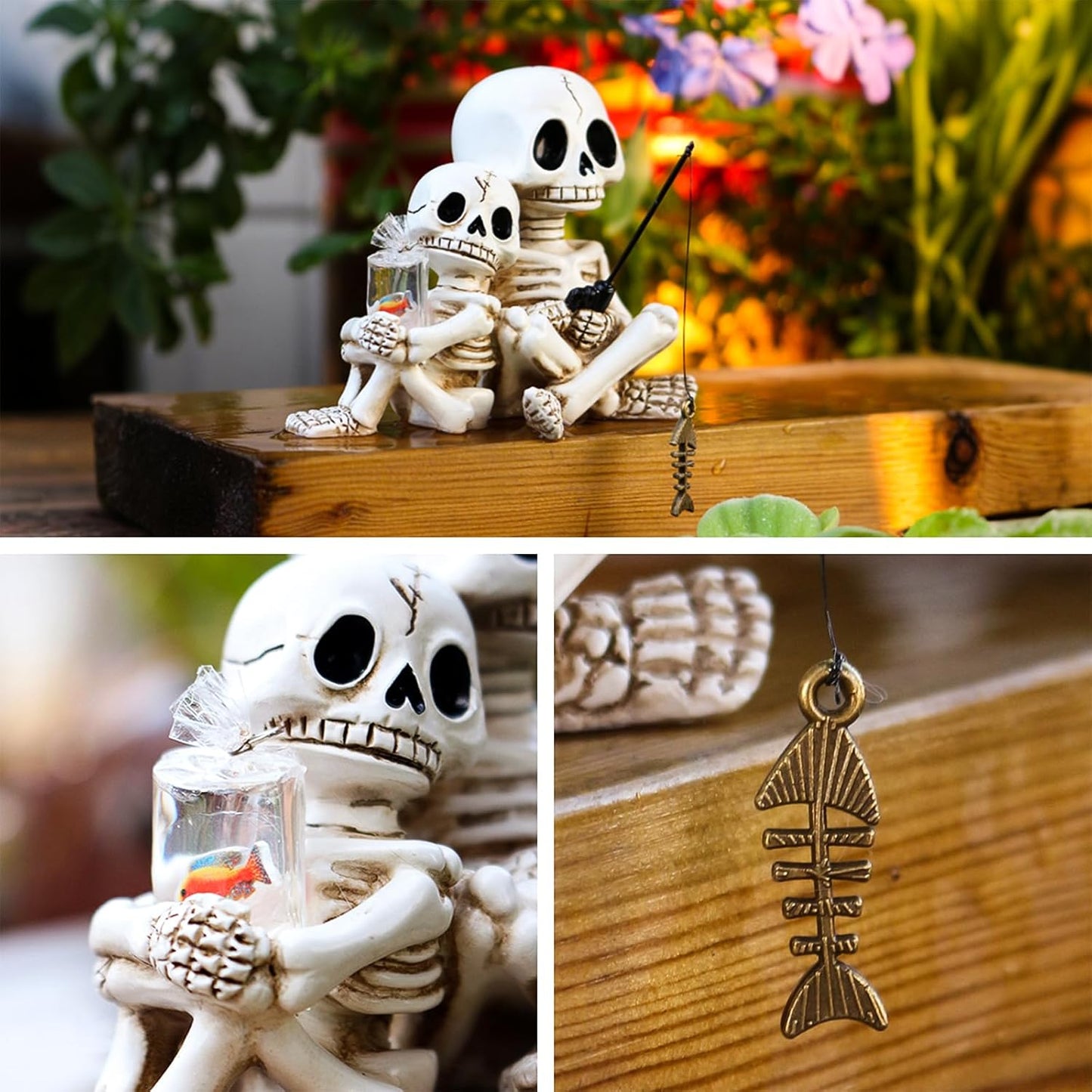 Fishing Skeleton Statue Halloween Decorations, Mini Cute Sitting Skull Figurine Shelf Sitter Resin Sculpture for Outdoor Garden Yard Lawn Pond Waterfalls Pool Ornaments